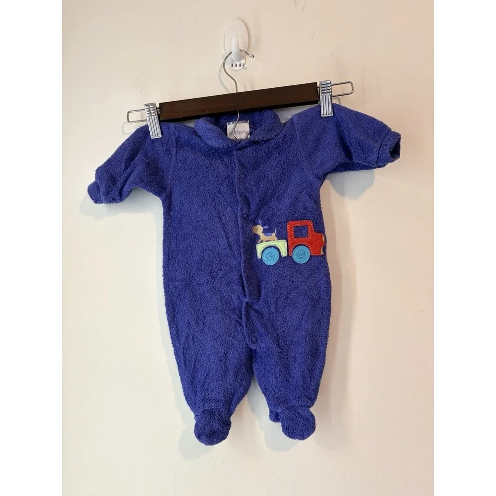 Vintage Retro Carters Terry cloth Onepiece W/‎ Snaps Dog Truck 0-3m Embroidered